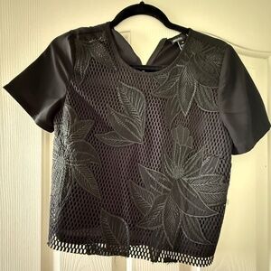 Valette Black Mesh Floral Crew Neck Black Cropped T-shirt